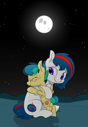 Size: 781x1131 | Tagged: safe, artist:anonymous, oc, oc only, oc:apogee, oc:nasapone, earth pony, pegasus, pony, butt freckles, cute, earth pony oc, female, filly, freckles, full moon, happy, hug, mare, moon, night, pegasus oc, smiling, starry mane, stars, sweet dreams fuel, wholesome