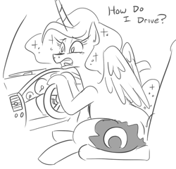 Size: 608x583 | Tagged: safe, artist:jargon scott, princess luna, alicorn, pony, black and white, butt, car, car interior, dialogue, female, grayscale, holding, mare, monochrome, moonbutt, open mouth, plot, question, simple background, sitting, sketch, solo, steering wheel, teary eyes, white background