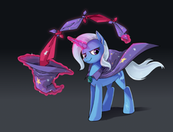Size: 2900x2211 | Tagged: safe, artist:anonymous, derpibooru import, editor:edits of hate, trixie, pony, unicorn, black background, brooch, cape, clothes, confident, female, hat, jewelry, lidded eyes, looking at you, magic, magic trick, mare, redraw, simple background, solo, telekinesis, trixie's brooch, trixie's cape, trixie's hat
