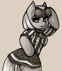 Size: 1350x1543 | Tagged: safe, alternate version, artist:kyouman1010, derpibooru import, photo finish, anthro, arm hooves, breasts, clothes, female, grayscale, looking at you, monochrome, shirt, skirt, smiling, solo, sunglasses