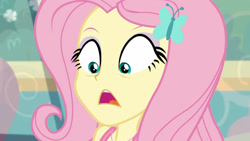 Size: 3410x1920 | Tagged: safe, derpibooru import, screencap, fluttershy, better together, equestria girls, rollercoaster of friendship, female, hairpin, high res, jewelry, looking down, necklace, open mouth, solo