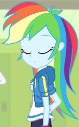 Size: 1920x3048 | Tagged: safe, derpibooru import, screencap, rainbow dash, rarity, better together, equestria girls, a queen of clubs, clothes, cropped, cutie mark, cutie mark on clothes, eyes closed, female, geode of super speed, hallway, high res, hoodie, jewelry, lockers, magical geodes, necklace, side view, solo focus