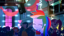 Size: 3410x1920 | Tagged: safe, derpibooru import, screencap, rainbow dash, scribble dee, eqg summertime shorts, equestria girls, raise this roof, clothes, cutie mark, cutie mark on clothes, dress, eyes closed, fall formal outfits, female, fingerless gloves, gloves, high res, sleeveless, smiling, solo focus