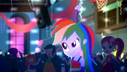 Size: 3410x1920 | Tagged: safe, derpibooru import, screencap, rainbow dash, scribble dee, eqg summertime shorts, equestria girls, raise this roof, clothes, cutie mark, cutie mark on clothes, dress, fall formal outfits, female, fingerless gloves, gloves, high res, sleeveless, smiling, solo focus