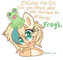 Size: 1347x1285 | Tagged: safe, artist:starlightlore, derpibooru import, oc, oc only, oc:sun light, frog, pony, dialogue, grammar error, looking at you, raspberry, smiling, solo, tongue, tongue out