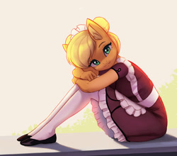 Size: 1500x1320 | Tagged: safe, artist:mrscroup, derpibooru import, applejack, anthro, earth pony, plantigrade anthro, clothes, cute, female, jackabetes, looking at you, maid, maidjack, mare, no tail, shoes, sitting, smiling, socks, solo, stockings, thigh highs