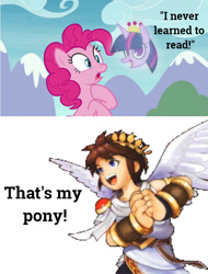 Size: 735x968 | Tagged: safe, derpibooru import, edit, edited screencap, screencap, pinkie pie, twilight sparkle, twilight sparkle (alicorn), alicorn, angel, earth pony, pony, the maud couple, crossover, crown, floating head, hallucination, i never learned to read, jewelry, kid icarus, kid icarus: uprising, meme, pit (kid icarus), regalia, text, that's my pony, that's my x