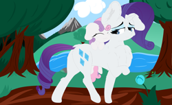 Size: 6273x3841 | Tagged: safe, artist:beigedraws, derpibooru import, rarity, sweetie belle, unicorn, chest fluff, cloud, cute, diasweetes, eyes closed, female, filly, flower, mare, mountain, raised hoof, raised leg, rearity, river, siblings, sisters, smiling, tree