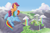 Size: 2048x1349 | Tagged: safe, artist:biocrine, derpibooru import, rainbow dash, scootaloo, pegasus, best pony, butt, cute, cutealoo, female, heartwarming, mountain, plot, rainbow falls (location), rainbow waterfall, rainbutt dash, scenery, scootabutt, scootalove, sibling love, sisterly love