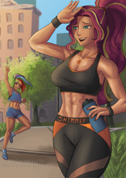 Size: 2481x3508 | Tagged: safe, artist:nire, derpibooru import, rainbow dash, sunset shimmer, equestria girls, abs, breasts, canterlot city, clothes, cutie mark, cutie mark on clothes, geode of empathy, geode of super speed, grass, jogging, leggings, magical geodes, park, ponytail, short shirt, shorts, sports bra, sportswear, sunset jiggler, sweat, tree, water bottle, wristband