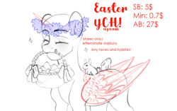 Size: 1202x756 | Tagged: safe, artist:azaani, derpibooru import, alicorn, bat pony, changeling, deer, earth pony, hybrid, original species, pegasus, pony, rabbit, unicorn, animal, basket, bat wings, diadem, easter, easter bunny, easter egg, female, holiday, horn, mare, solo, wings, ych example, your character here