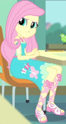 Size: 1920x3608 | Tagged: safe, derpibooru import, screencap, fluttershy, bird, a little birdie told me, better together, equestria girls, chair, clothes, cropped, cutie mark, cutie mark on clothes, female, geode of fauna, jewelry, magical geodes, necklace, sandals, sitting, solo, table