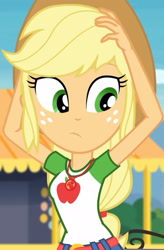 Size: 1920x2931 | Tagged: safe, derpibooru import, screencap, applejack, better together, equestria girls, rollercoaster of friendship, applejack's hat, belt, clothes, cowboy hat, cropped, cute, cutie mark, cutie mark on clothes, denim skirt, female, freckles, geode of super strength, hands on head, hat, jackabetes, jewelry, magical geodes, necklace, skirt, solo