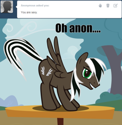 Size: 540x556 | Tagged: safe, artist:spectty, derpibooru import, oc, oc:spectty, pegasus, ask, caption, image macro, kinky, male, on table, pegasus oc, presenting, sexy, stallion, striped tail, text, tumblr, two toned mane