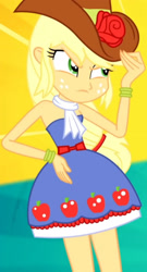 Size: 1920x3558 | Tagged: safe, derpibooru import, screencap, applejack, eqg summertime shorts, equestria girls, raise this roof, armpits, bare shoulders, clothes, cowboy hat, cropped, cutie mark, cutie mark on clothes, fall formal outfits, female, freckles, hat, sleeveless, solo, strapless