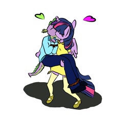 Size: 983x889 | Tagged: safe, anonymous artist, derpibooru exclusive, derpibooru import, spike, twilight sparkle, twilight sparkle (alicorn), alicorn, anthro, dragon, bondage, bridal carry, carrying, clothes, dress, female, kissing, male, mare, mary janes, older, older spike, pants, shipping, shoes, simple background, skirt, spikesub, straight, tied up, twidom, twispike, white background