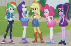 Size: 2970x1920 | Tagged: safe, derpibooru import, screencap, applejack, pinkie pie, rainbow dash, rarity, sci-twi, twilight sparkle, better together, equestria girls, so much more to me, :o, applejack's hat, boots, bowtie, bracelet, clothes, cowboy boots, cowboy hat, cropped, cutie mark, cutie mark on clothes, denim skirt, female, geode of shielding, geode of sugar bombs, geode of super speed, geode of super strength, geode of telekinesis, glasses, hands on hip, hat, high heels, hoodie, jewelry, magical geodes, necklace, open mouth, ponytail, rarity peplum dress, shoes, skirt, sneakers, tanktop