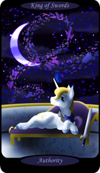 Size: 1500x2591 | Tagged: safe, artist:sixes&sevens, derpibooru import, part of a set, prince blueblood, butterfly, unicorn, crescent moon, crossed hooves, fainting couch, male, minor arcana, moon, night, outdoors, reclining, solo, sword, tarot card, weapon