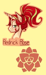 Size: 924x1479 | Tagged: safe, artist:miss_glowwormis, derpibooru import, oc, oc only, oc:redrick rose, pony, unicorn, lidded eyes, looking at you, smiling, solo