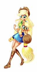 Size: 2089x4096 | Tagged: safe, artist:opal_radiance, derpibooru import, applejack, earth pony, pony, equestria girls, applejack's hat, boots, clothes, cowboy boots, cowboy hat, cute, duo, female, freckles, hat, holding a pony, hoof hold, hug, jackabetes, mare, open mouth, ponied up, self paradox, self ponidox, shirt, shoes, simple background, skirt, white background