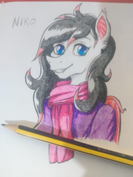 Size: 780x1040 | Tagged: safe, artist:ianmata1998, derpibooru import, oc, oc:niko, anthro, bat pony, bat pony oc, colored, cute, femboy, male, photo, smiling, traditional art