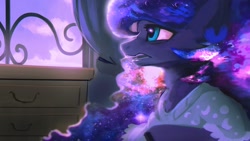 Size: 1920x1080 | Tagged: safe, artist:hierozaki, derpibooru import, princess luna, alicorn, pony, clothes, ethereal mane, galaxy mane, open mouth, pajamas, solo