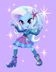 Size: 1614x2048 | Tagged: safe, artist:binco_293, derpibooru import, trixie, equestria girls, cute, diatrixes, female, open mouth, purple background, simple background, solo, sparkles