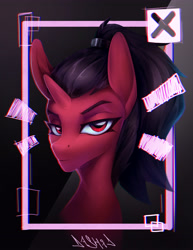 Size: 3564x4611 | Tagged: safe, artist:dashid, derpibooru import, oc, oc only, oc:rose (gearslavehorse), pony, unicorn, absurd resolution, black hair, bust, eyeliner, female, makeup, ponytail, red eyes, solo, unamused