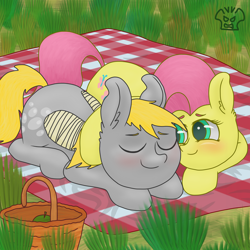 Size: 5000x5000 | Tagged: safe, artist:a-jaller, derpibooru import, derpy hooves, fluttershy, pegasus, pony, apple, bandage, bandaged wing, basket, blushing, cute, eyes closed, food, grass, looking to side, looking to the left, picnic, picnic basket, picnic blanket, wings