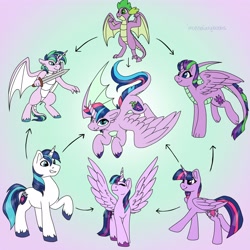 Size: 4000x4000 | Tagged: safe, artist:incendiaryboobs, derpibooru import, shining armor, spike, twilight sparkle, twilight sparkle (alicorn), alicorn, dracony, dragon, hybrid, pony, unicorn, absurd resolution, brother and sister, draconicorn, fangs, female, fusion, fusion diagram, hexafusion, male, mare, siblings, stallion, sword, weapon