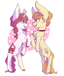 Size: 2250x2666 | Tagged: safe, artist:cookietasticx3, derpibooru import, oc, oc only, earth pony, pony, unicorn, chest fluff, choker, colored hooves, duo, earth pony oc, horn, open mouth, rearing, simple background, smiling, solo, transparent background, unicorn oc
