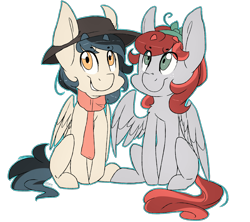 Size: 3893x3456 | Tagged: safe, artist:cookietasticx3, derpibooru import, oc, oc only, pegasus, pony, clothes, duo, hat, pegasus oc, scarf, simple background, sitting, smiling, sun hat, transparent background, wings