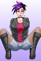 Size: 1500x2200 | Tagged: safe, artist:zachc, derpibooru import, princess celestia, human, boots, choker, clothes, denim shorts, eyeshadow, female, humanized, jacket, leather jacket, lipstick, looking at you, makeup, punklestia, shoes, shorts, simple background, socks, solo, spiked choker, thigh highs