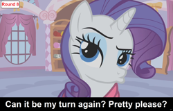 Size: 1920x1232 | Tagged: safe, derpibooru import, rarity, unicorn, comic:celestia's servant interview, caption, carousel boutique, cs captions, cute, duckface, female, horn, interview, looking at you, mare, raised eyebrow, raribetes, solo, text