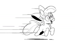 Size: 1517x853 | Tagged: safe, artist:kylesmeallie, derpibooru import, apple bloom, earth pony, pony, black and white, blank flank, grayscale, lineart, monochrome, running, simple background, solo, speed lines, white background