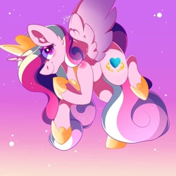 Size: 1080x1078 | Tagged: safe, artist:tessa_key_, derpibooru import, princess cadance, alicorn, pony, ear fluff, ears, female, flying, gradient background, hoof shoes, horn, jewelry, mare, signature, solo, tiara, wings