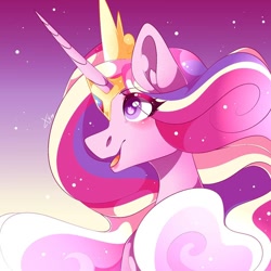 Size: 1080x1080 | Tagged: safe, artist:tessa_key_, derpibooru import, princess cadance, alicorn, pony, ear fluff, ears, female, gradient background, heart eyes, horn, jewelry, mare, open mouth, peytral, signature, smiling, solo, tiara, wingding eyes