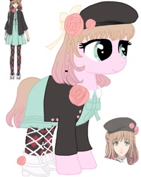 Size: 1080x1350 | Tagged: safe, artist:ponyrefaa, derpibooru import, earth pony, human, pony, beret, clothes, crossover, female, hat, mare, ponified, simple background, white background