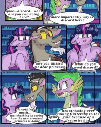 Size: 540x675 | Tagged: safe, artist:cocolove2176, derpibooru import, discord, spike, twilight sparkle, twilight sparkle (alicorn), alicorn, draconequus, dragon, pony, comic:fluttering chaos, blushing, comic, dialogue, female, implied discoshy, implied shipping, implied straight, male, mare, winged spike