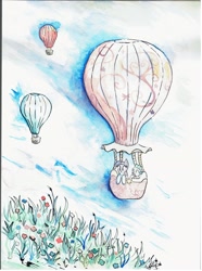 Size: 2000x2681 | Tagged: safe, artist:nedemai, derpibooru import, spike, twilight sparkle, air balloon, balloon, floating, hot air balloon, scenery, traditional art, watercolor painting