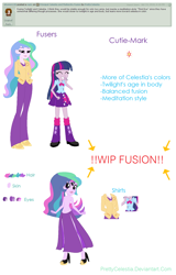 Size: 1060x1656 | Tagged: safe, artist:prettycelestia, derpibooru import, princess celestia, principal celestia, twilight sparkle, twilight sparkle (alicorn), oc, oc:mystic sunrise, alicorn, human, equestria girls, female, fusion, gem fusion, third eye, wip