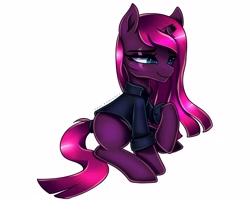 Size: 4096x3277 | Tagged: safe, artist:opal_radiance, derpibooru import, fizzlepop berrytwist, tempest shadow, pony, unicorn, alternate hairstyle, broken horn, clothes, eye scar, female, horn, long hair, mare, scar, shirt, signature, simple background, sitting, smiling, solo, transparent background