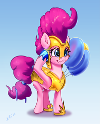 Size: 3679x4585 | Tagged: safe, artist:xbi, derpibooru import, pinkie pie, earth pony, pony, balloon, female, gradient background, guardsmare, helmet, mare, ribbon, royal guard, solo, tail wrap