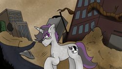 Size: 1920x1080 | Tagged: safe, artist:inky scroll, derpibooru import, oc, oc:inky scroll, pony, unicorn, destroyed building, glasses, looking at you, male, solo, stallion, wasteland
