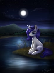 Size: 1588x2160 | Tagged: safe, artist:megabait, derpibooru import, oc, pony, female, lonely, moon, mountain, night, river