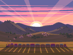 Size: 800x600 | Tagged: safe, artist:rangelost, derpibooru import, cyoa:d20 pony, evening, no pony, scenery, sky, sunset, train