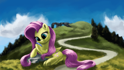 Size: 4000x2250 | Tagged: safe, artist:flusanix, derpibooru import, fluttershy, bird, pegasus, pony, butt, female, flutterbutt, frog (hoof), lying down, mare, on side, plot, solo, underhoof