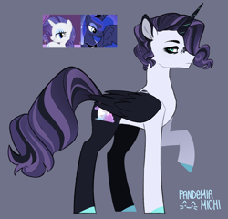 Size: 1244x1193 | Tagged: safe, artist:pandemiamichi, derpibooru import, princess luna, rarity, oc, alicorn, pony, clothes, colored wings, crack ship offspring, magical lesbian spawn, male, offspring, parent:princess luna, parent:rarity, parents:rariluna, socks, stallion, wings