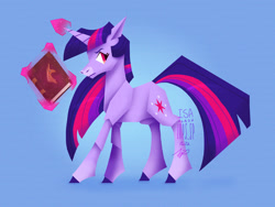 Size: 1280x960 | Tagged: safe, artist:laps-sp, derpibooru import, twilight sparkle, unicorn twilight, pony, unicorn, blue background, book, magic, simple background, solo