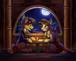 Size: 2000x1613 | Tagged: safe, artist:tsitra360, derpibooru import, oc, oc only, oc:amber glow, oc:pan sizzle, earth pony, pegasus, pony, candle, clothes, date, dress, moon, scenery, suit, window
